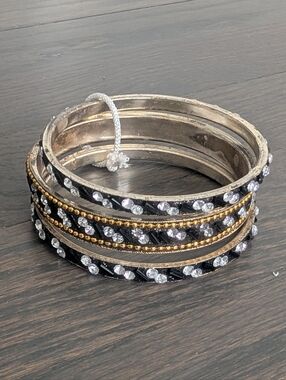 Women's Pakistani Indian Metal Bangles Set, Black/Silver/Gold